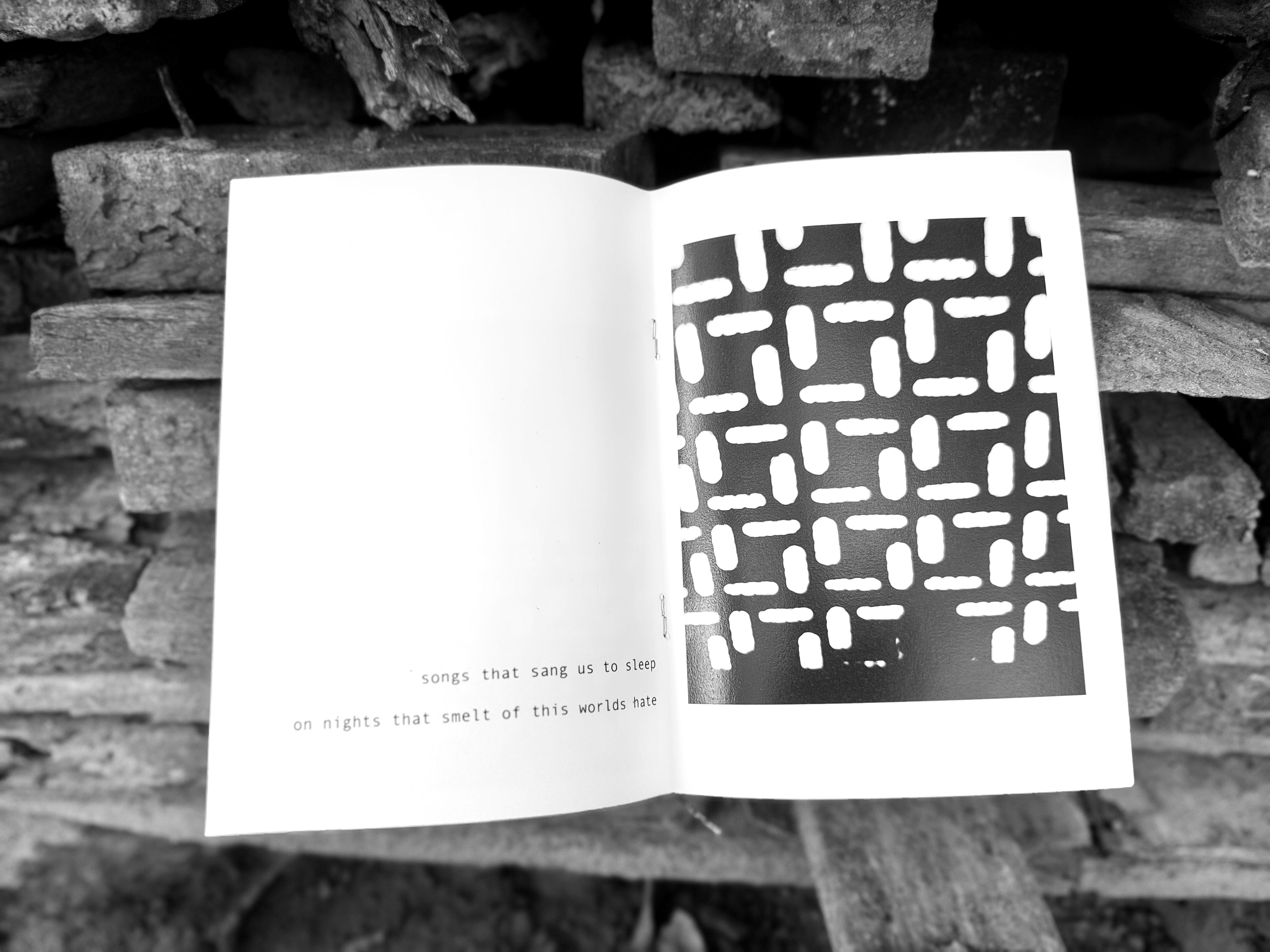 Open spread — left page reads "songs that sang us to sleep on nights that smelt of this worlds hate", right page shows bold black and white abstract print, on dark wood