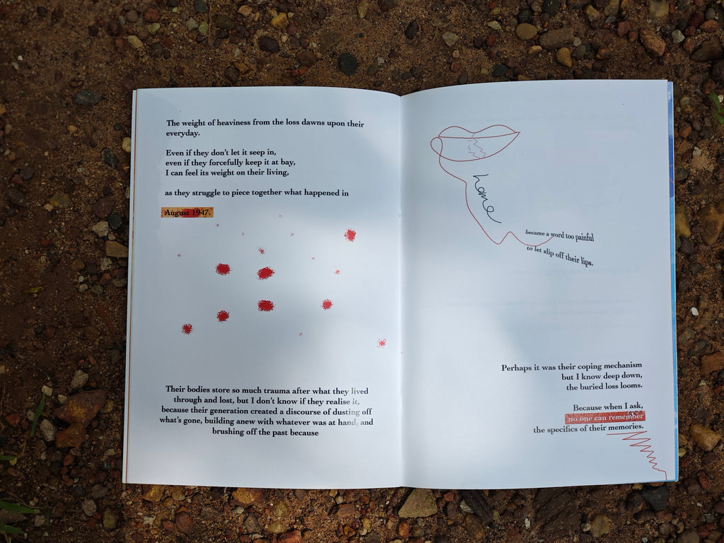 Open spread on red earth — text and illustrations reflecting on ancestral memories, with red paint marks and a hand-drawn figure