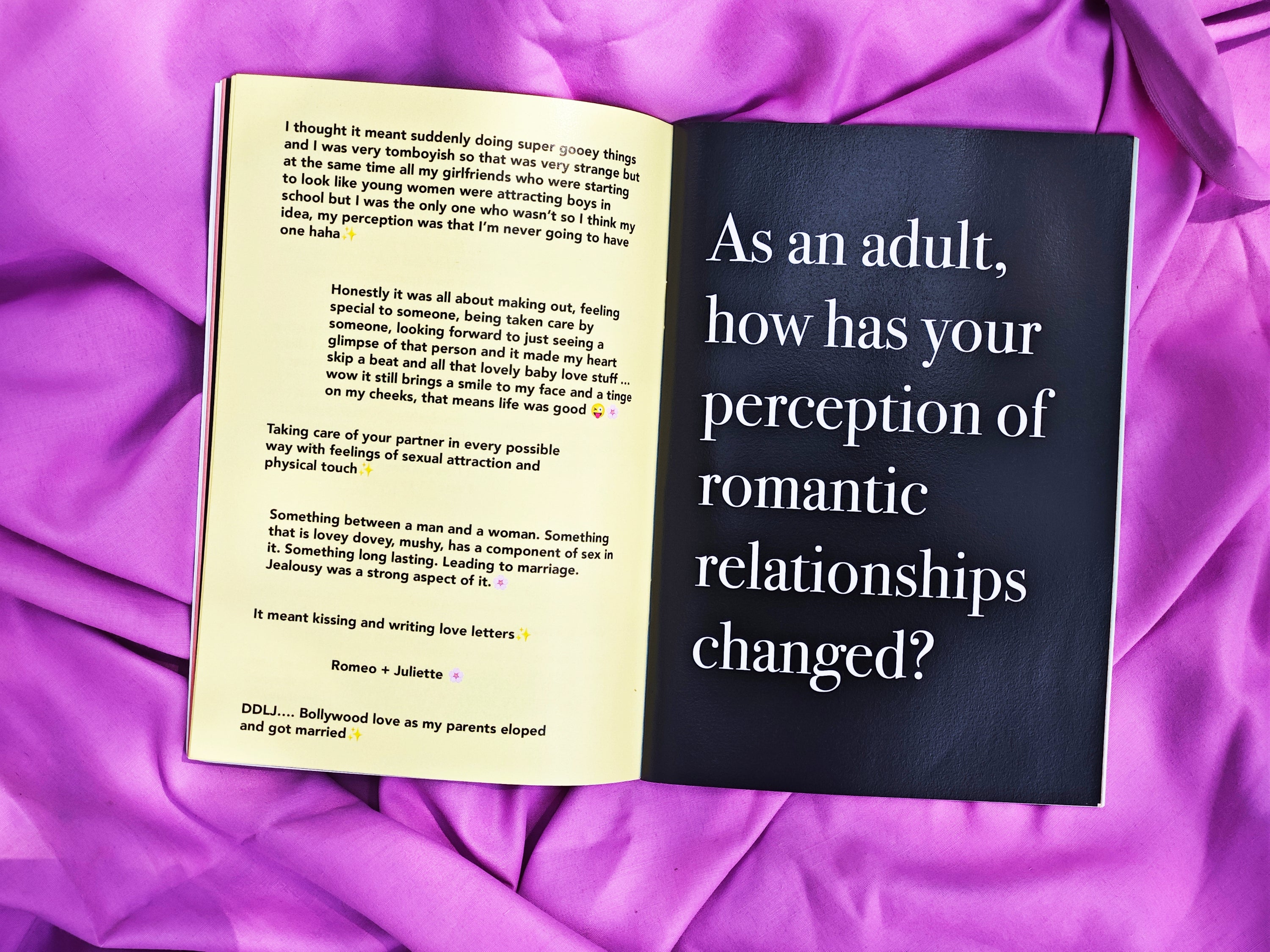 Open spread — left cream page with responses about adult love, right black page with large white serif text "As an adult, how has your perception of romantic relationships changed?", on purple fabric