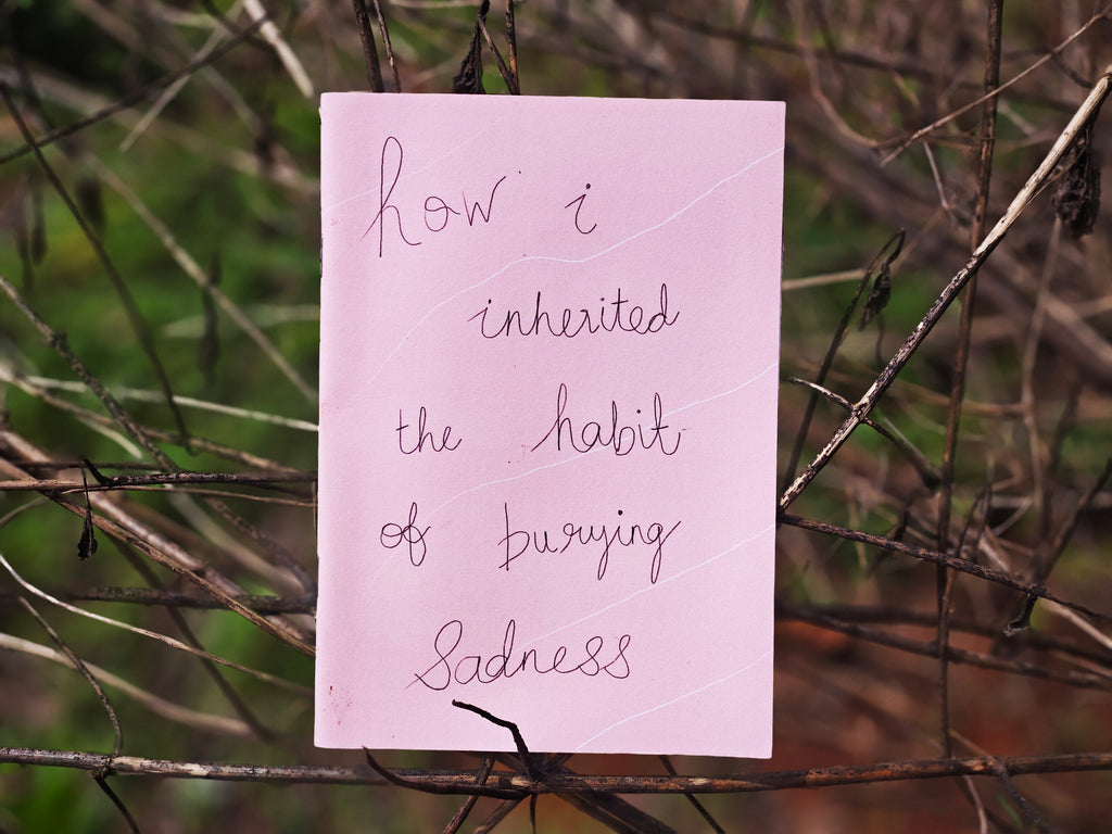 "How I Inherited the Habit of Burying Sadness" zine cover — handwritten title on pink paper with wavy white lines, nestled among dry branches and twigs