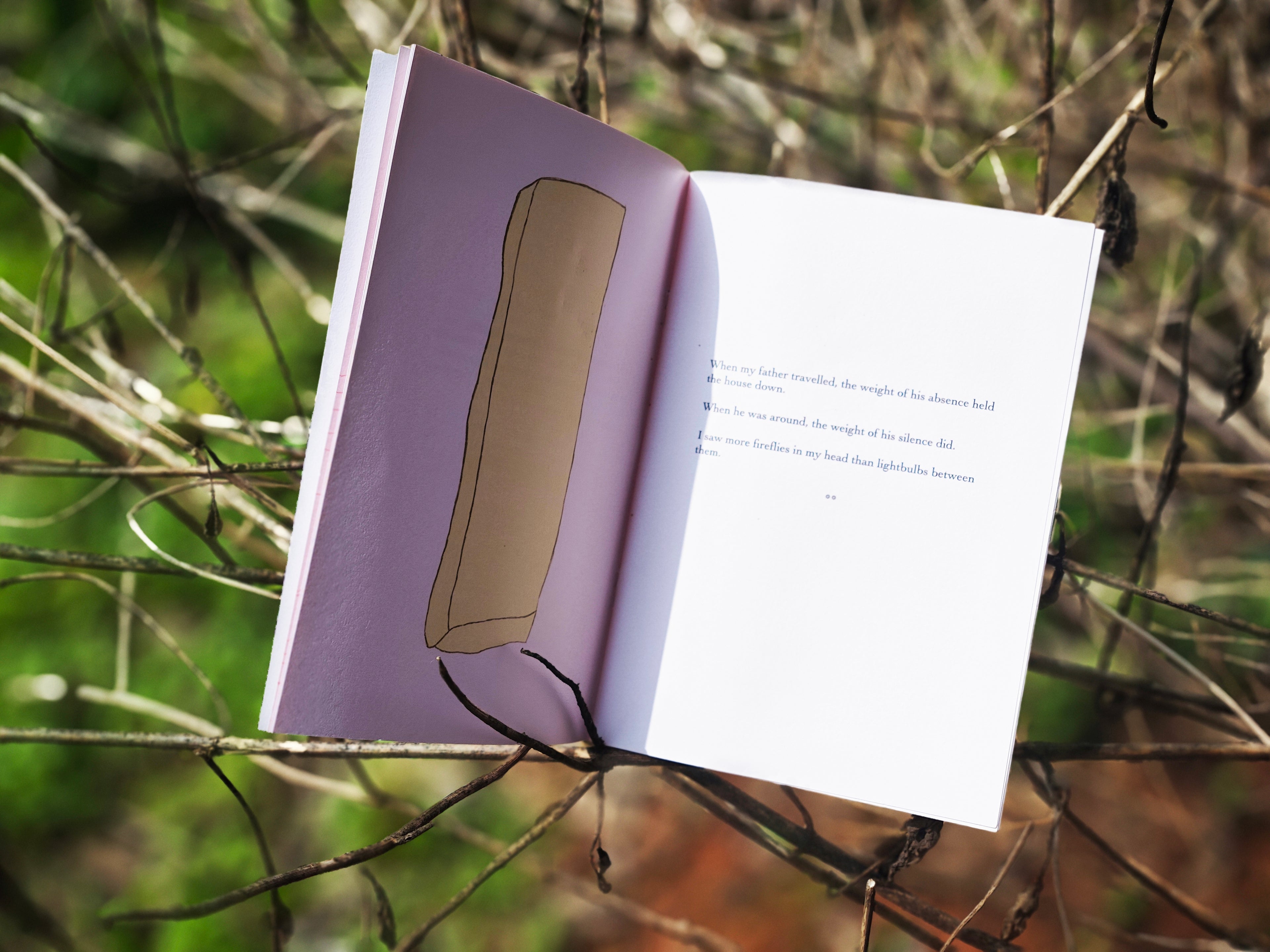 Open spread in branches — lavender page with brown illustration of a suitcase, right page with text about father's absence and silence with fireflies