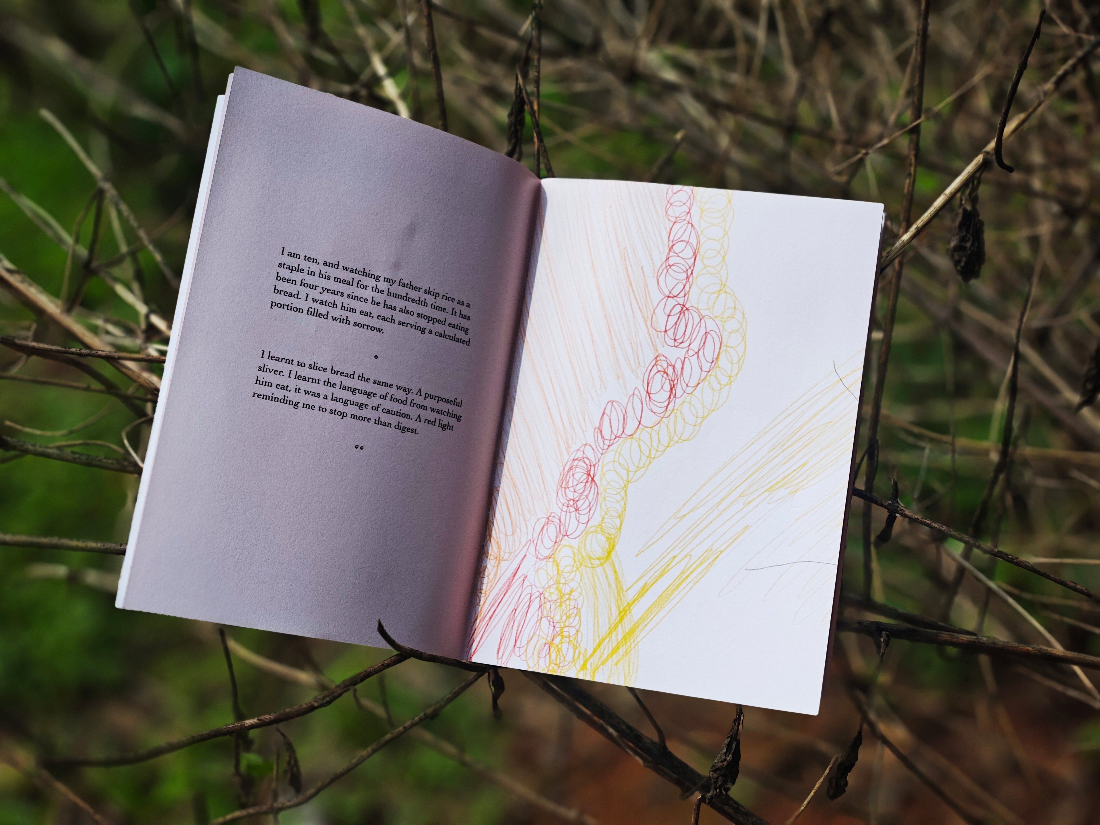 Open spread in branches — left page with text about watching father eat bread with sorrow, right page with red and yellow scribble illustration