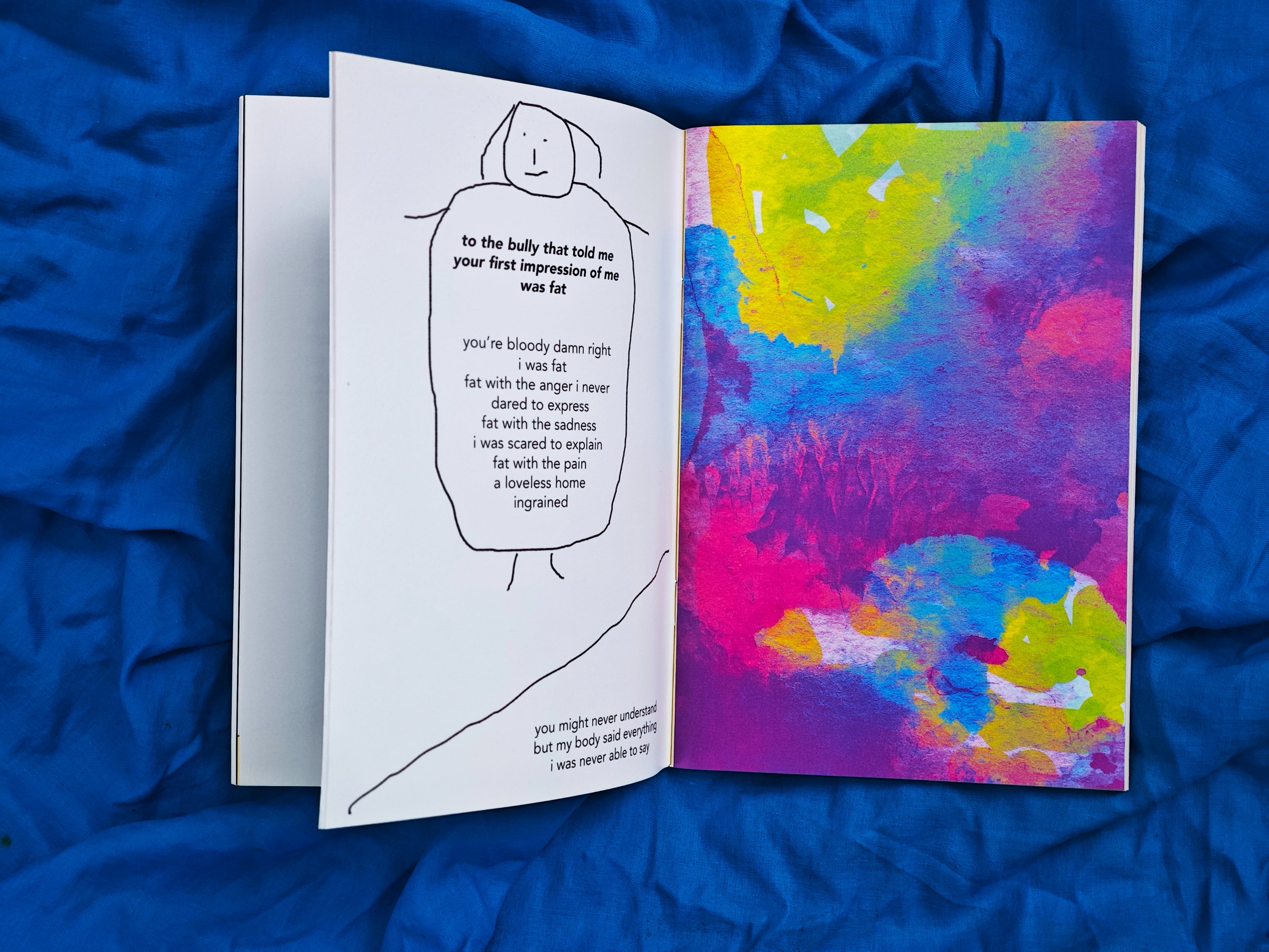 Open spread on blue fabric — left page with line drawing of a figure and bold poem "to the bully that told me your first impression of me was fat, you're bloody damn right i was fat, fat with the anger I never dared to express" — right page is vivid magenta, cyan, yellow and pink abstract painting
