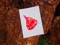"An Ode to My Anger" zine cover — red and pink watercolour heart shape with handwritten title on white paper, wedged into rust-red laterite rock