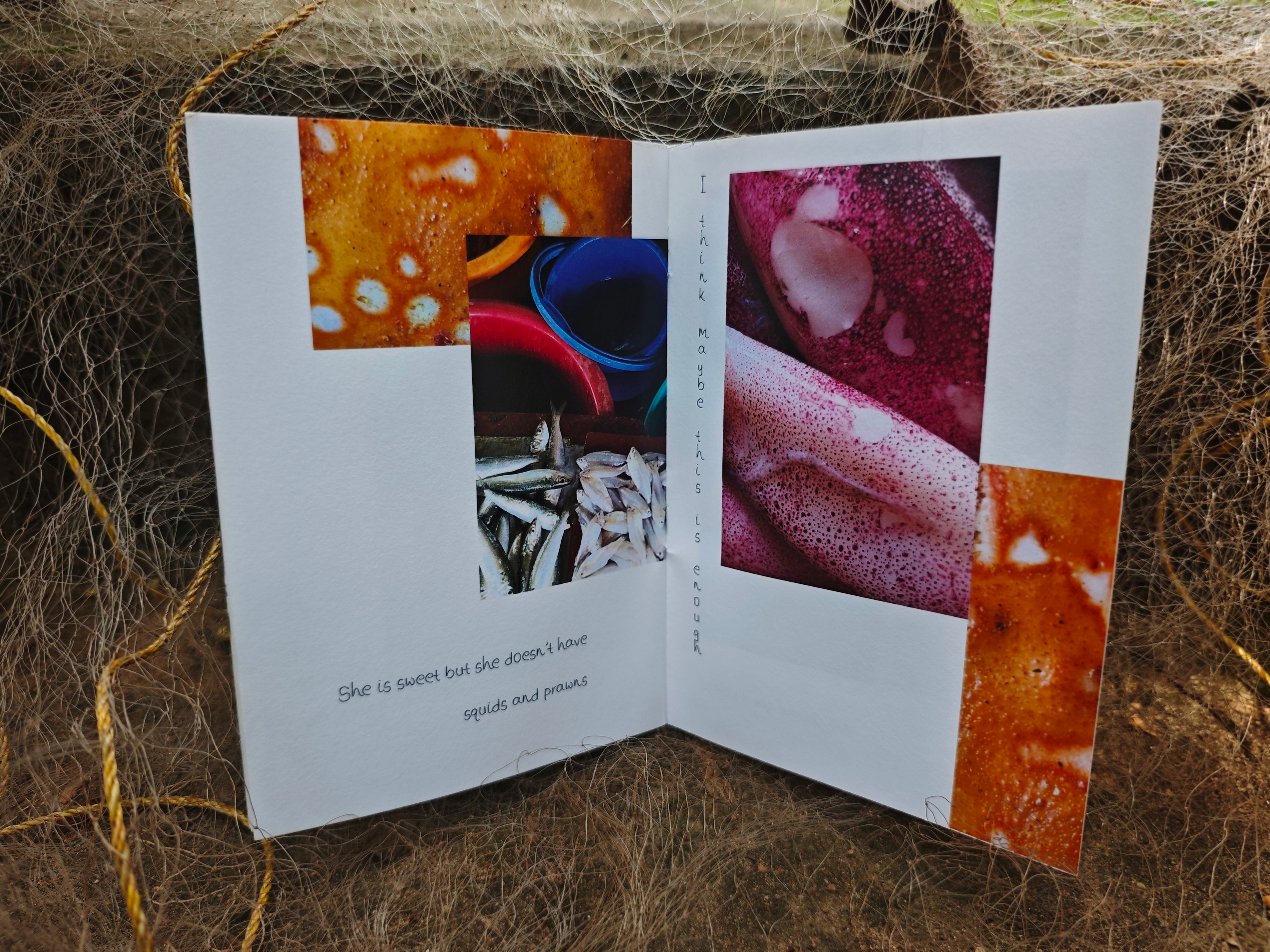 Open spread — photographs of fish market textures and close-ups with handwritten text, resting in fishing nets