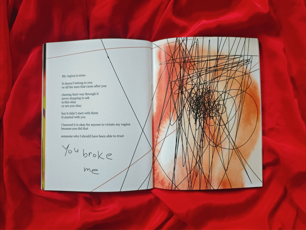 Open spread on red satin — left page with poem text "My vagina is mine" and large handwritten "you broke me", right page shows chaotic black ink lines over orange and red abstract centre