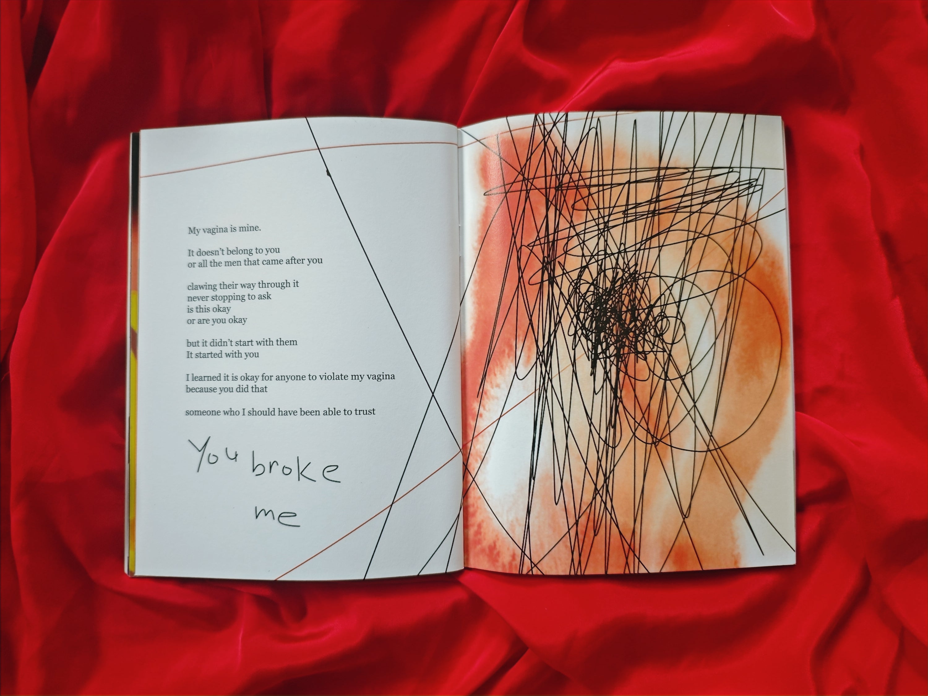 Open spread on red satin — left page with poem text "My vagina is mine" and large handwritten "you broke me", right page shows chaotic black ink lines over orange and red abstract centre