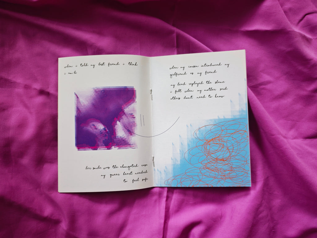 Open spread on magenta fabric — handwritten text about telling best friend and mother's shame alongside purple watercolour and orange scribble drawings